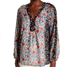 Nanette Lepore Black Floral Top Womens Size Large Mixed Print Cottage Boho